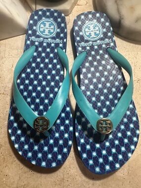 Tory Burch Navy Patterned Flip Flops with Teal Straps
